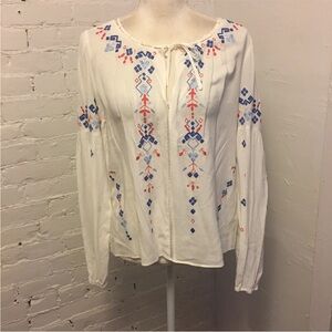 Parker embroidered peasant top white red size small tie neck boho